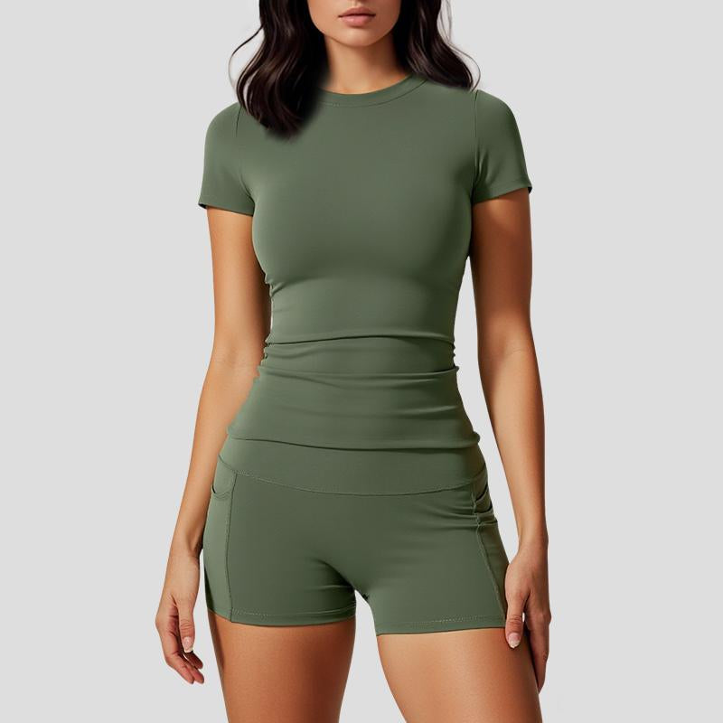 Two Piece Women'S Solid Colour Crew Neck T Shirt and High Waisted Biker Shorts Sweatshirt, Summer Sets, Fitness Clothing, Summer Clothing, Indoor and Outdoor Casual Sportswear, Fitness Clothing