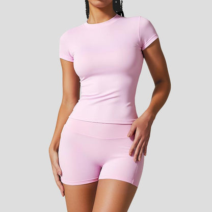 Two Piece Women'S Solid Colour Crew Neck T Shirt and High Waisted Biker Shorts Sweatshirt, Summer Sets, Fitness Clothing, Summer Clothing, Indoor and Outdoor Casual Sportswear, Fitness Clothing