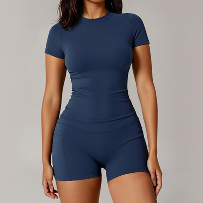Two Piece Women'S Solid Colour Crew Neck T Shirt and High Waisted Biker Shorts Sweatshirt, Summer Sets, Fitness Clothing, Summer Clothing, Indoor and Outdoor Casual Sportswear, Fitness Clothing