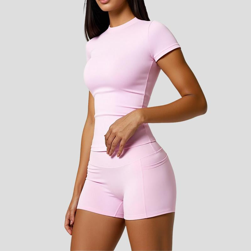 Two Piece Women'S Solid Colour Crew Neck T Shirt and High Waisted Biker Shorts Sweatshirt, Summer Sets, Fitness Clothing, Summer Clothing, Indoor and Outdoor Casual Sportswear, Fitness Clothing
