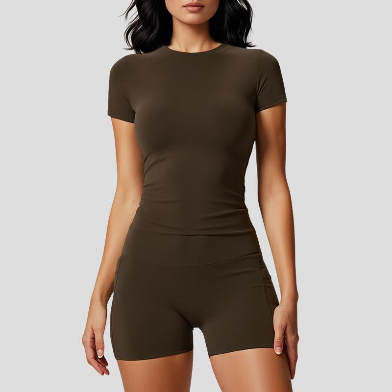 Two Piece Women'S Solid Colour Crew Neck T Shirt and High Waisted Biker Shorts Sweatshirt, Summer Sets, Fitness Clothing, Summer Clothing, Indoor and Outdoor Casual Sportswear, Fitness Clothing