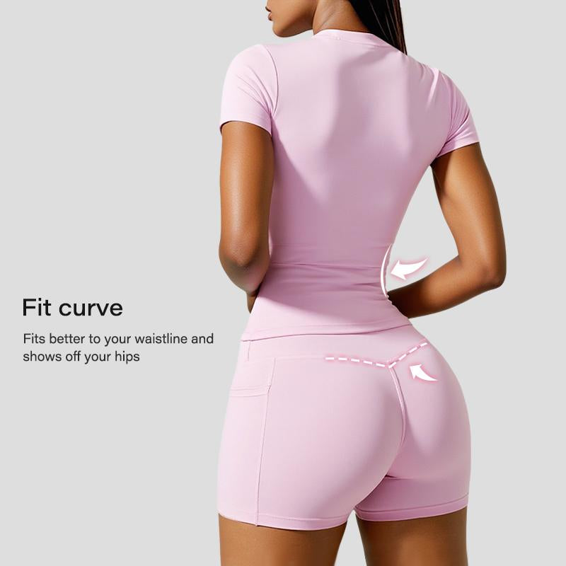Two Piece Women'S Solid Colour Crew Neck T Shirt and High Waisted Biker Shorts Sweatshirt, Summer Sets, Fitness Clothing, Summer Clothing, Indoor and Outdoor Casual Sportswear, Fitness Clothing
