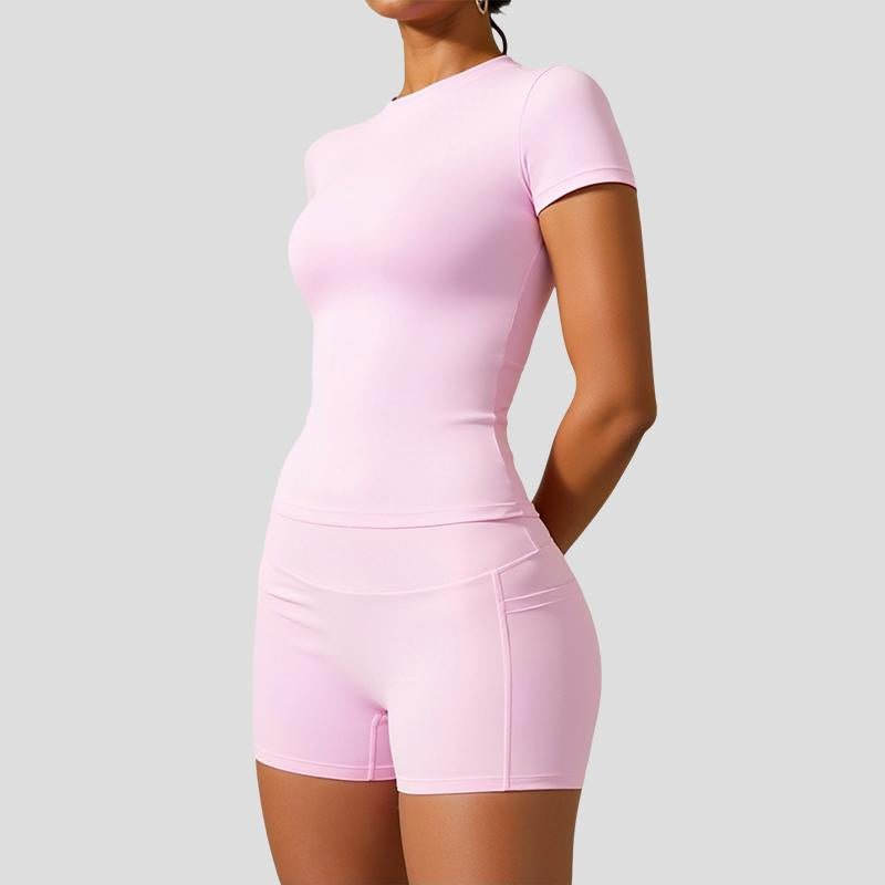 Two Piece Women'S Solid Colour Crew Neck T Shirt and High Waisted Biker Shorts Sweatshirt, Summer Sets, Fitness Clothing, Summer Clothing, Indoor and Outdoor Casual Sportswear, Fitness Clothing