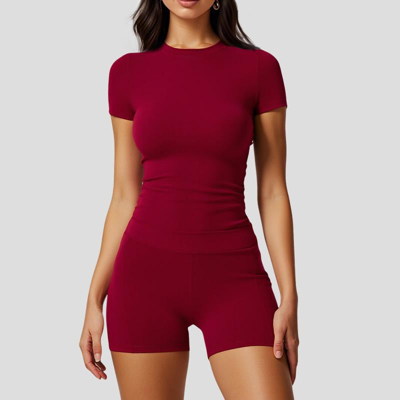 Two Piece Women'S Solid Colour Crew Neck T Shirt and High Waisted Biker Shorts Sweatshirt, Summer Sets, Fitness Clothing, Summer Clothing, Indoor and Outdoor Casual Sportswear, Fitness Clothing