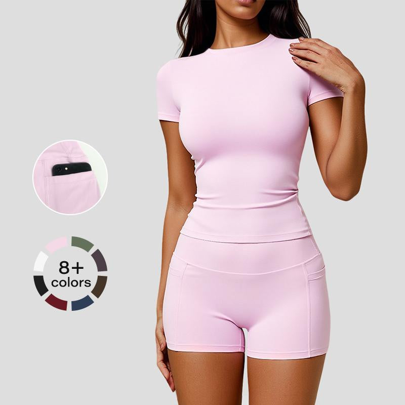 Two Piece Women'S Solid Colour Crew Neck T Shirt and High Waisted Biker Shorts Sweatshirt, Summer Sets, Fitness Clothing, Summer Clothing, Indoor and Outdoor Casual Sportswear, Fitness Clothing