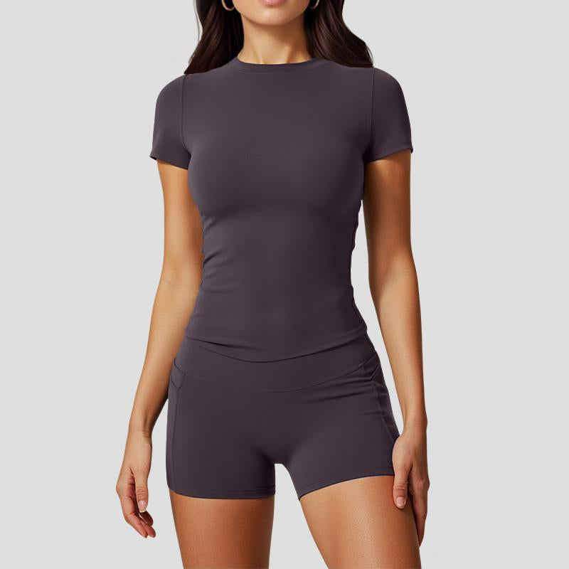 Two Piece Women'S Solid Colour Crew Neck T Shirt and High Waisted Biker Shorts Sweatshirt, Summer Sets, Fitness Clothing, Summer Clothing, Indoor and Outdoor Casual Sportswear, Fitness Clothing