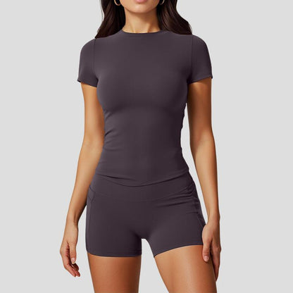 Two Piece Women'S Solid Colour Crew Neck T Shirt and High Waisted Biker Shorts Sweatshirt, Summer Sets, Fitness Clothing, Summer Clothing, Indoor and Outdoor Casual Sportswear, Fitness Clothing